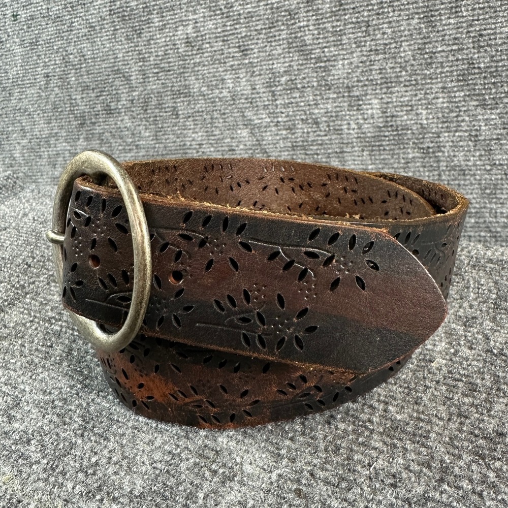 Dark Brown Perforated Floral Leather Belt Round Brass Buckle Boho Wide 40 Inch - Picture 11 of 11